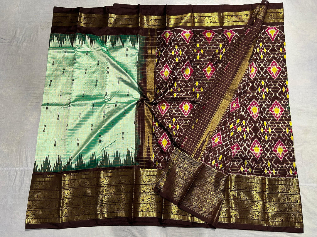 Mint Green Zari Checks Pure Ikat Kanjivaram Silk Saree with Kanchana Temple Border| SILK MARK CERTIFIED