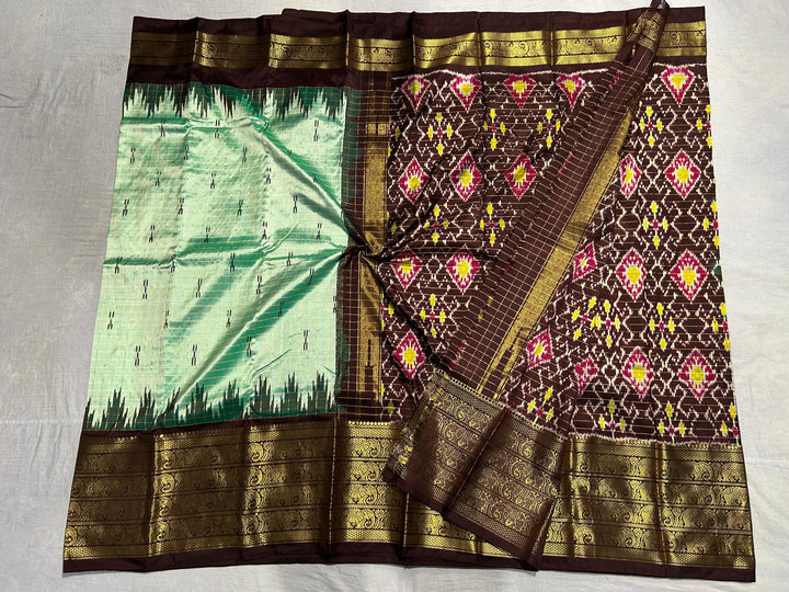 Mint Green Zari Checks Pure Ikat Kanjivaram Silk Saree with Kanchana Temple Border| SILK MARK CERTIFIED