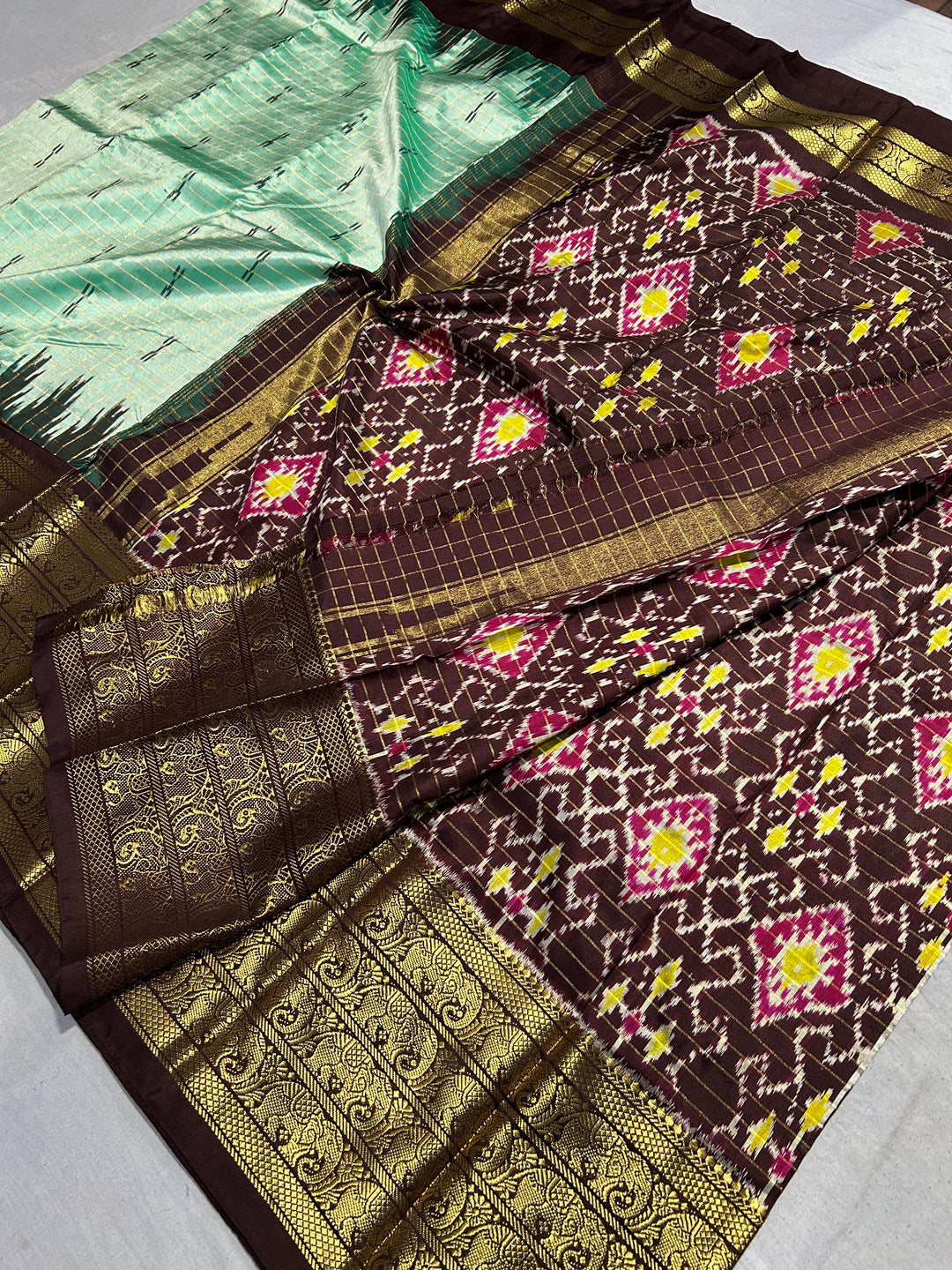 Mint Green Zari Checks Pure Ikat Kanjivaram Silk Saree with Kanchana Temple Border| SILK MARK CERTIFIED