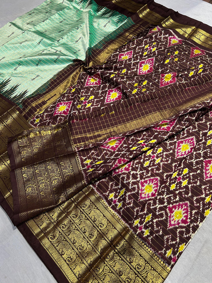 Mint Green Zari Checks Pure Ikat Kanjivaram Silk Saree with Kanchana Temple Border| SILK MARK CERTIFIED