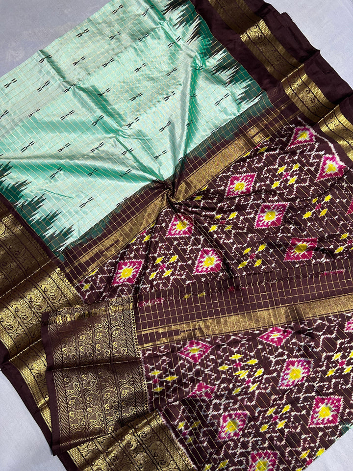 Mint Green Zari Checks Pure Ikat Kanjivaram Silk Saree with Kanchana Temple Border| SILK MARK CERTIFIED