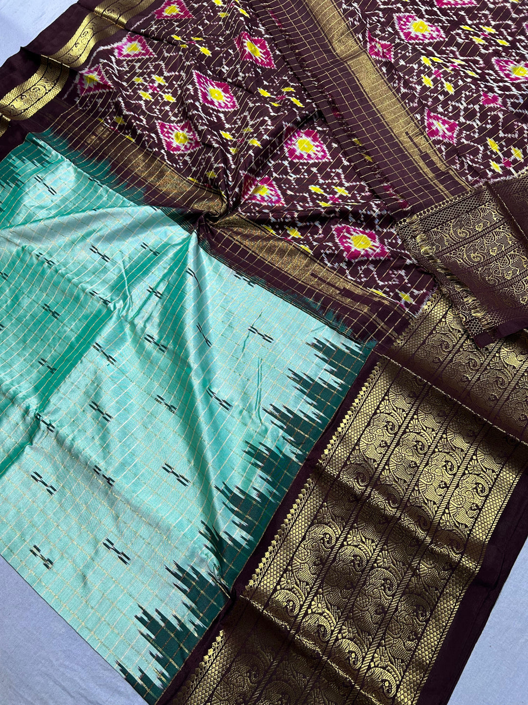 Mint Green Zari Checks Pure Ikat Kanjivaram Silk Saree with Kanchana Temple Border| SILK MARK CERTIFIED