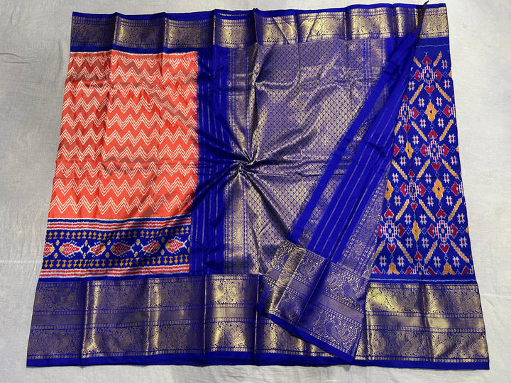 Salmon Peach Ikat Kanjivaram Pure Silk Saree with Chevron Pattern and Blue Ikat Border| SILK MARK CERTIFIED
