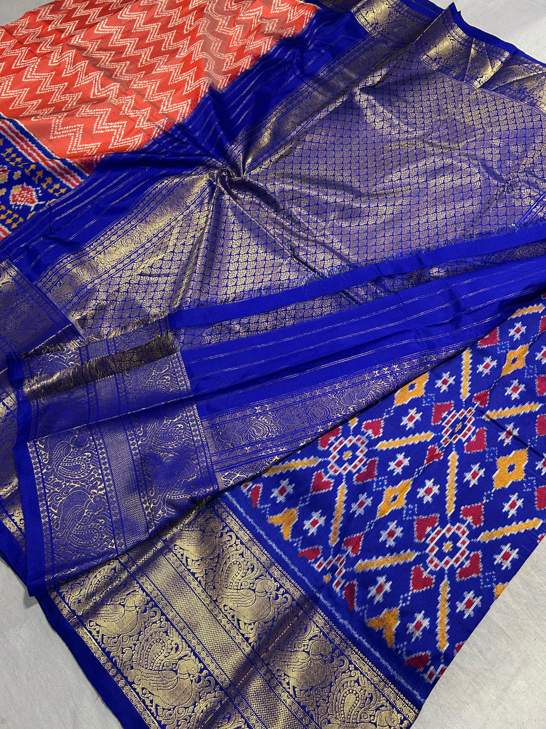 Salmon Peach Ikat Kanjivaram Pure Silk Saree with Chevron Pattern and Blue Ikat Border| SILK MARK CERTIFIED