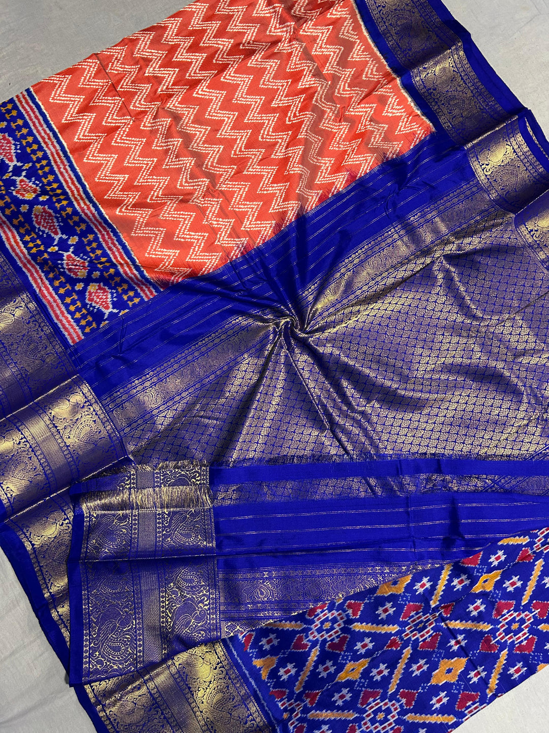 Salmon Peach Ikat Kanjivaram Pure Silk Saree with Chevron Pattern and Blue Ikat Border| SILK MARK CERTIFIED