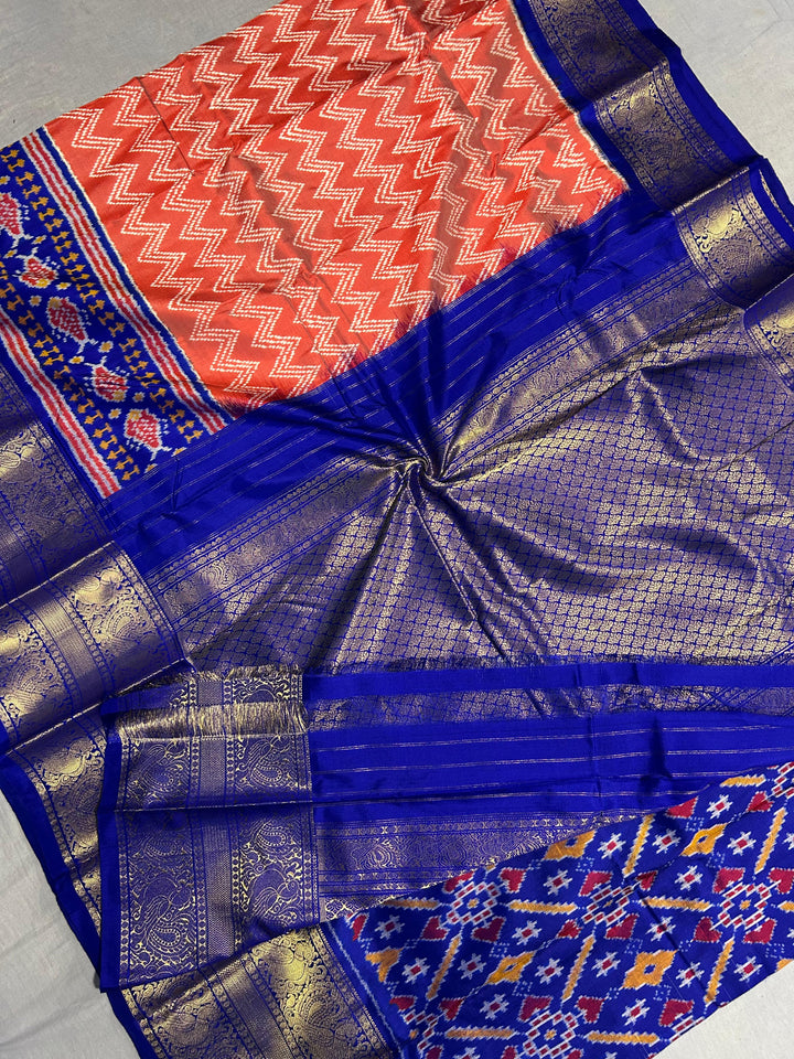 Salmon Peach Ikat Kanjivaram Pure Silk Saree with Chevron Pattern and Blue Ikat Border| SILK MARK CERTIFIED