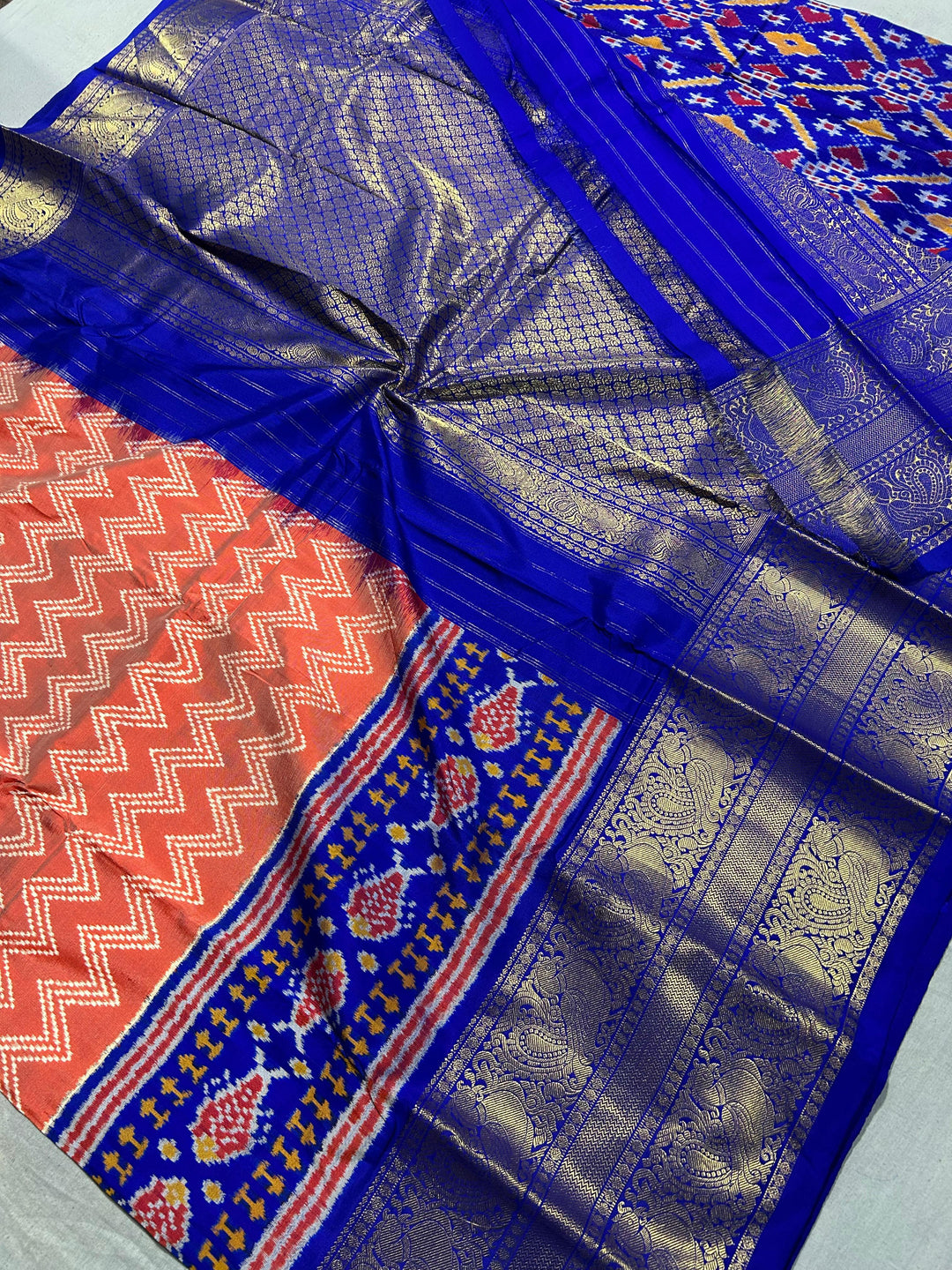 Salmon Peach Ikat Kanjivaram Pure Silk Saree with Chevron Pattern and Blue Ikat Border| SILK MARK CERTIFIED