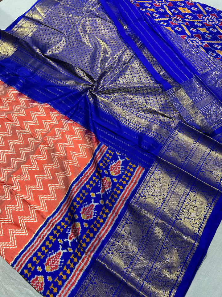 Salmon Peach Ikat Kanjivaram Pure Silk Saree with Chevron Pattern and Blue Ikat Border| SILK MARK CERTIFIED