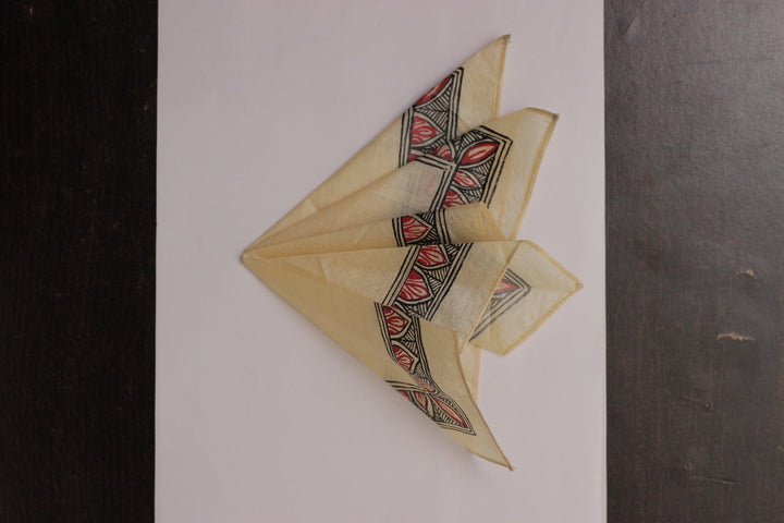 Beige and Red Kosa Tussar Silk with Madhubani Handpainting Pocket Square  | SILK MARK CERTIFIED