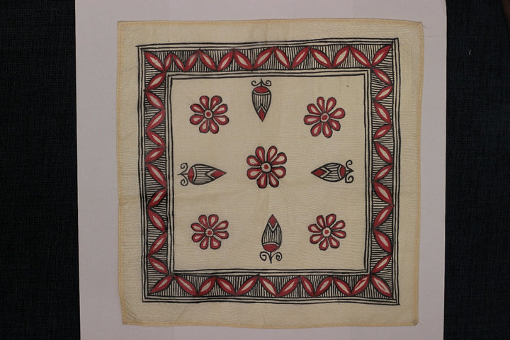 Red and Black Kosa Tussar Silk with Madhubani Handpainting Pocket Square | SILK MARK CERTIFIED