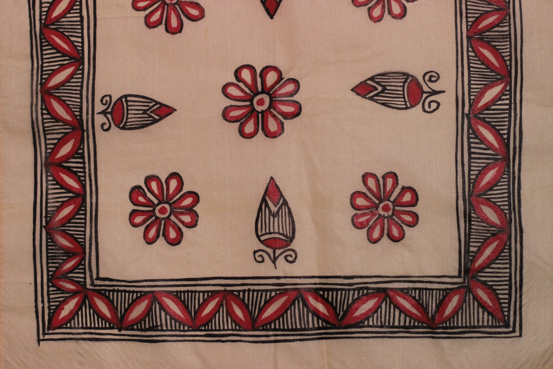 Red and Black Kosa Tussar Silk with Madhubani Handpainting Pocket Square | SILK MARK CERTIFIED