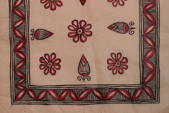 Red and Black Kosa Tussar Silk with Madhubani Handpainting Pocket Square | SILK MARK CERTIFIED
