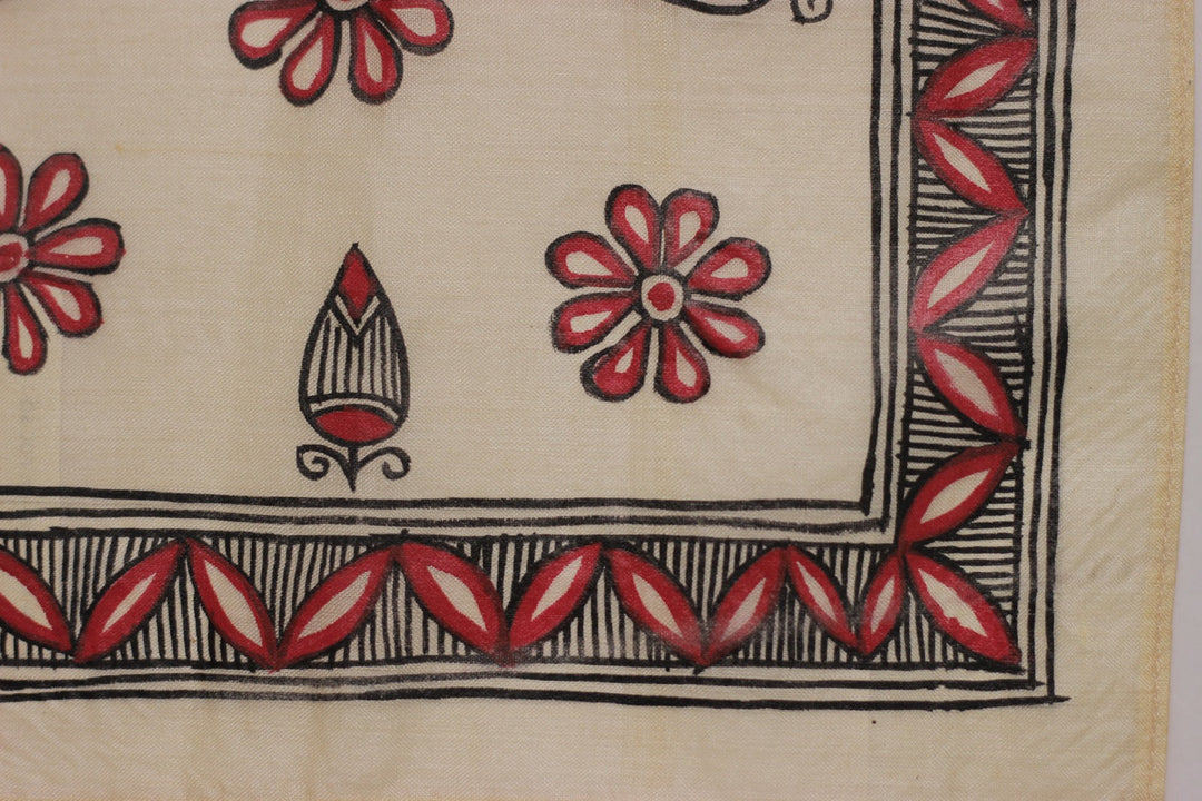 Red and Black Kosa Tussar Silk with Madhubani Handpainting Pocket Square | SILK MARK CERTIFIED
