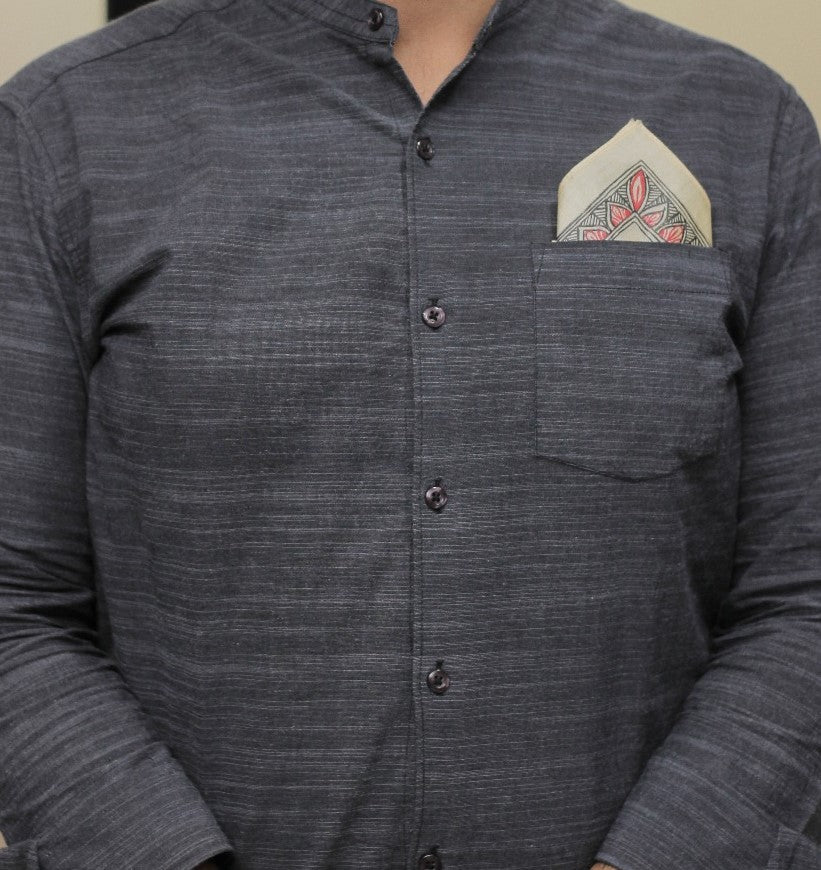 Beige and Red Kosa Tussar Silk with Madhubani Handpainting Pocket Square  | SILK MARK CERTIFIED