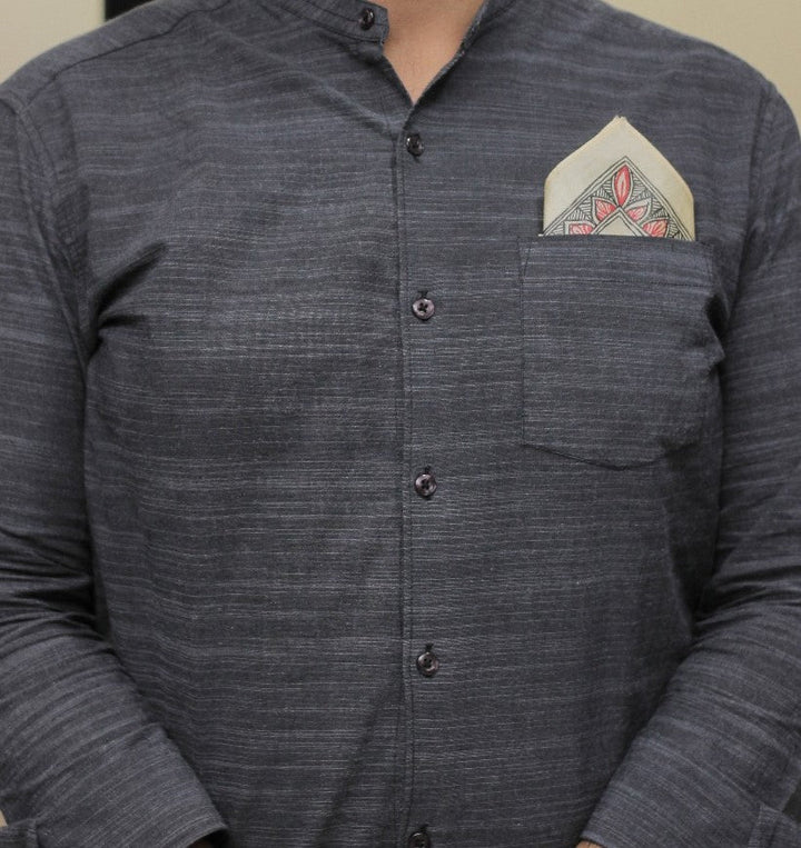 Beige and Red Kosa Tussar Silk with Madhubani Handpainting Pocket Square  | SILK MARK CERTIFIED