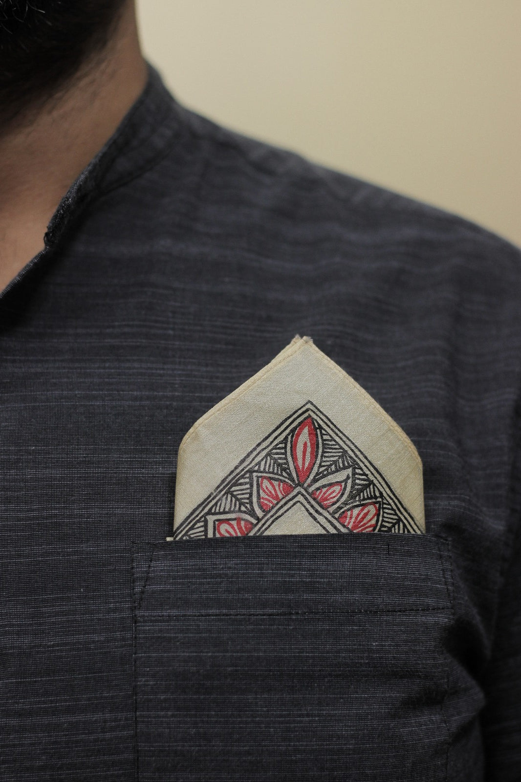 Beige and Red Kosa Tussar Silk with Madhubani Handpainting Pocket Square  | SILK MARK CERTIFIED