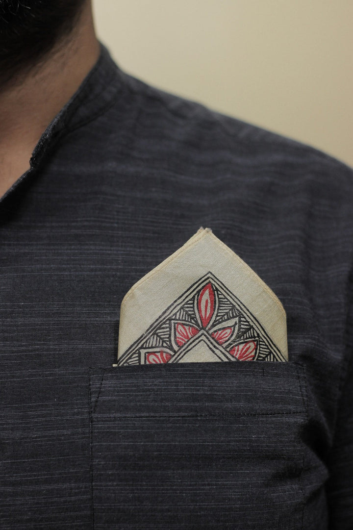 Beige and Red Kosa Tussar Silk with Madhubani Handpainting Pocket Square  | SILK MARK CERTIFIED