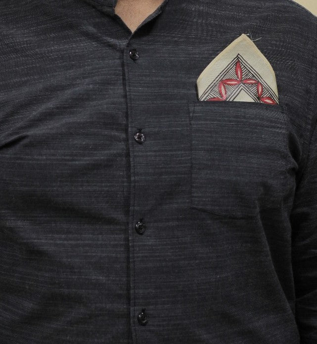 Red and Black Kosa Tussar Silk with Madhubani Handpainting Pocket Square | SILK MARK CERTIFIED