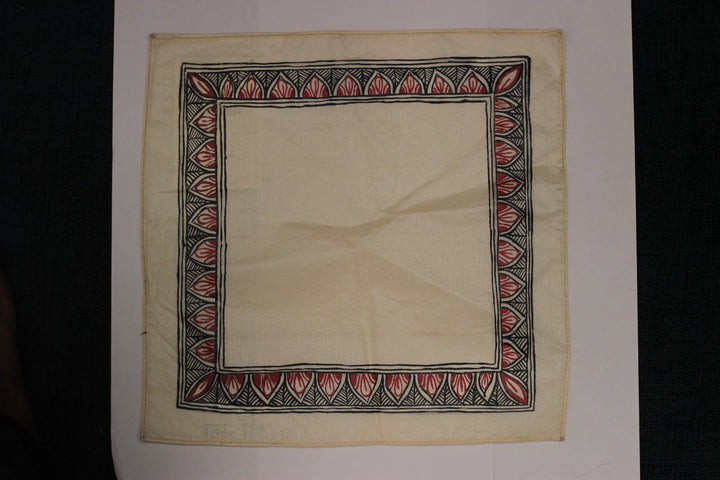 Beige and Red Kosa Tussar Silk with Madhubani Handpainting Pocket Square  | SILK MARK CERTIFIED
