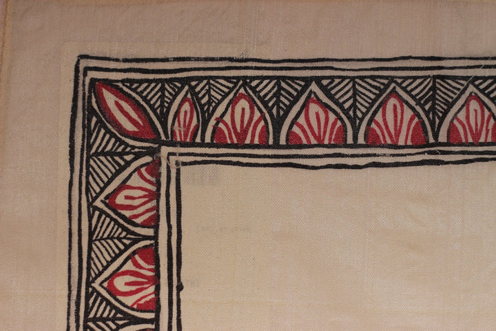 Beige and Red Kosa Tussar Silk with Madhubani Handpainting Pocket Square  | SILK MARK CERTIFIED