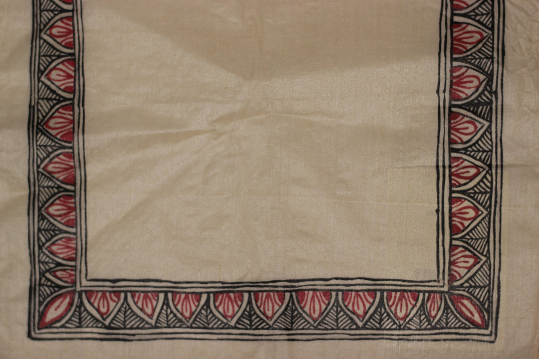 Beige and Red Kosa Tussar Silk with Madhubani Handpainting Pocket Square  | SILK MARK CERTIFIED