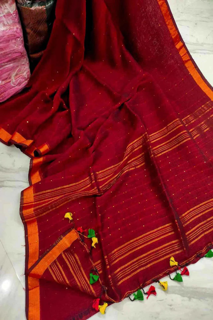 Maroon Handloom Cotton Linen Interwoven Sequins with Tassels In Pallu Ready To Wear Saree