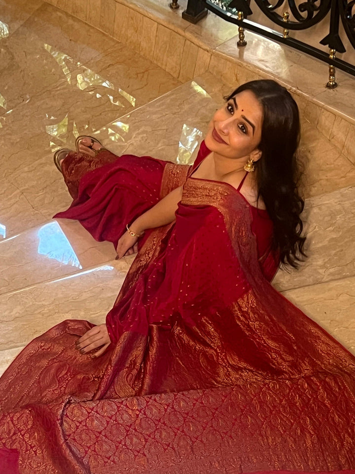 Vidya Balan Reddish Pink Mysore Silk Saree with Antique Zari Buttis Brocade and Paisley Wide Border | SILK MARK CERTIFIED