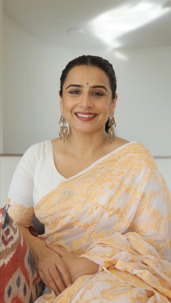 Vidya Balan White Banarasi Georgette Silk Saree with Shikaargah Jaal and Zari Border | SILK MARK CERTIFIED
