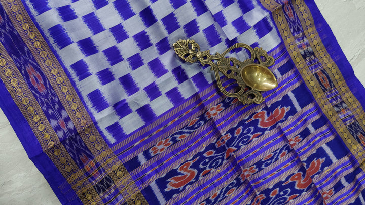 Blue Half and Half Handloom Sambalpuri Ikkat Silk Saree with Geometric Design and Zari Border, No Blouse Piece| SILK MARK CERTIFIED
