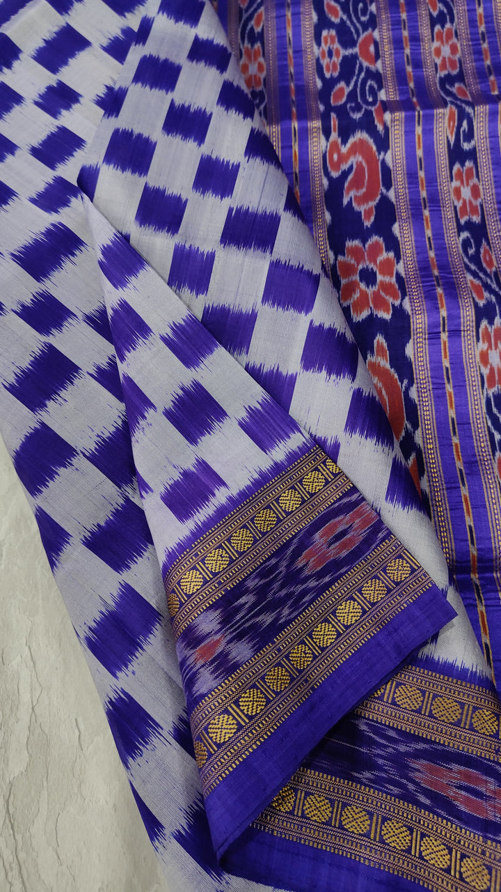 Blue Half and Half Handloom Sambalpuri Ikkat Silk Saree with Geometric Design and Zari Border, No Blouse Piece| SILK MARK CERTIFIED