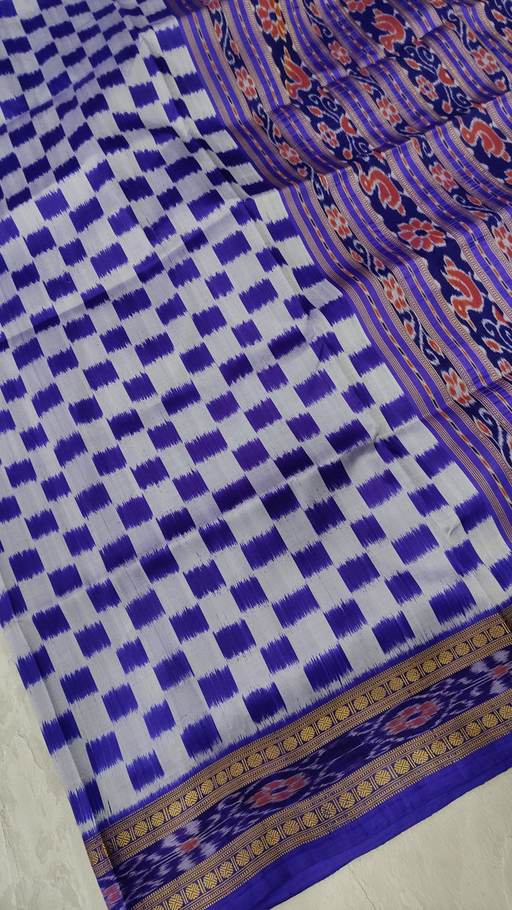 Blue Half and Half Handloom Sambalpuri Ikkat Silk Saree with Geometric Design and Zari Border, No Blouse Piece| SILK MARK CERTIFIED