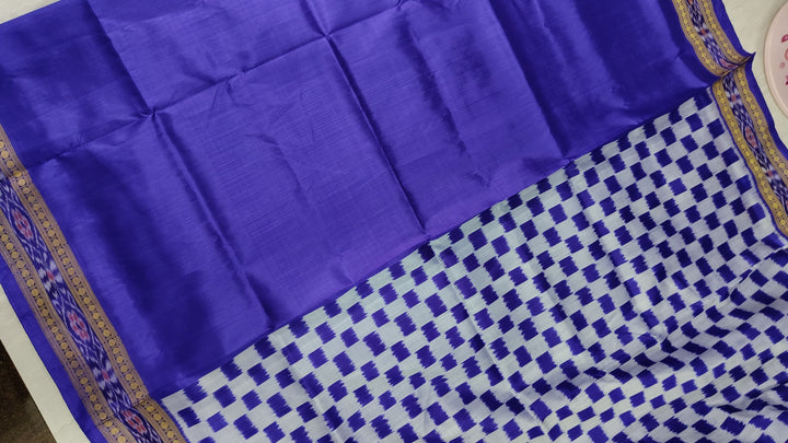 Blue Half and Half Handloom Sambalpuri Ikkat Silk Saree with Geometric Design and Zari Border, No Blouse Piece| SILK MARK CERTIFIED
