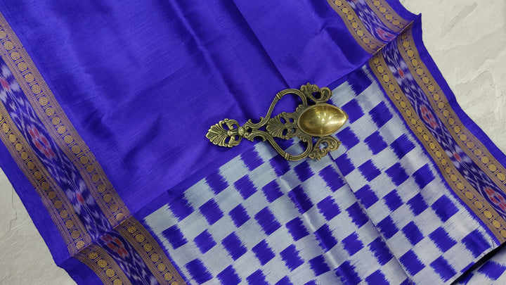 Blue Half and Half Handloom Sambalpuri Ikkat Silk Saree with Geometric Design and Zari Border, No Blouse Piece| SILK MARK CERTIFIED