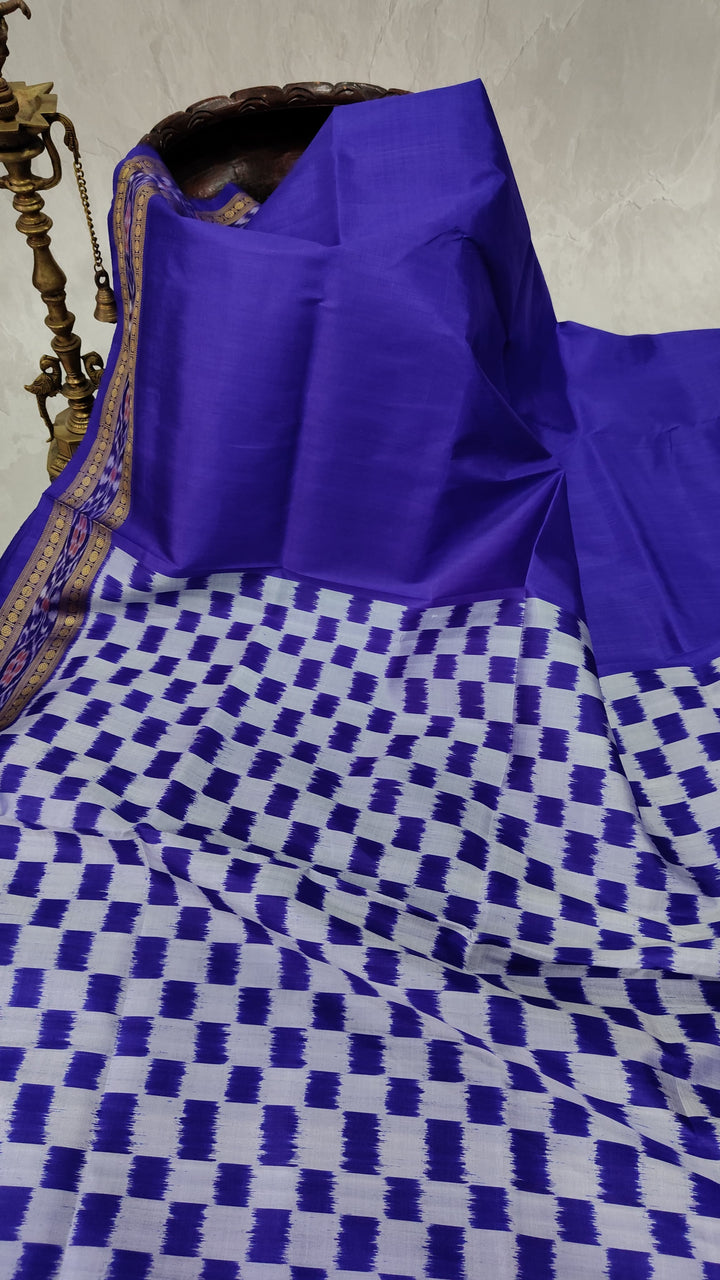 Blue Half and Half Handloom Sambalpuri Ikkat Silk Saree with Geometric Design and Zari Border, No Blouse Piece| SILK MARK CERTIFIED
