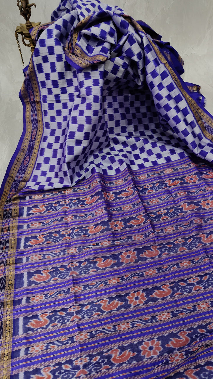 Blue Half and Half Handloom Sambalpuri Ikkat Silk Saree with Geometric Design and Zari Border, No Blouse Piece| SILK MARK CERTIFIED