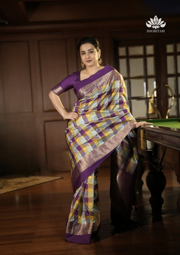 Pre Order - Exquisite Vidya Balan Checks Banarasi Silk Saree with Buttas and Kanjivaram Style Borders | SILK MARK CERTIFIED