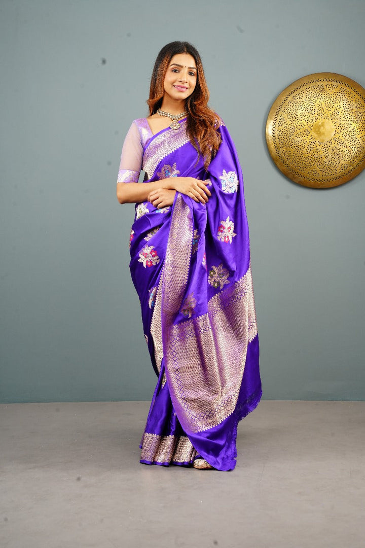 Purple Banarasi Mashru Silk Saree with Meenakari Butta and Zari Border | SILK MARK CERTIFIED