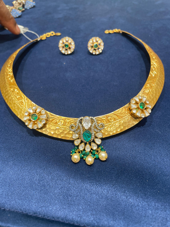 92.5 Silver Green Moissanite Kundan Floral Hasli Necklace with Dangling Beads