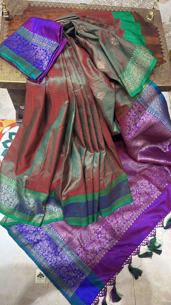 Green Dual Tone Banarasi Dupion Silk Saree with Zari Buttas and Contrast Zari Border | SILK MARK CERTIFIED
