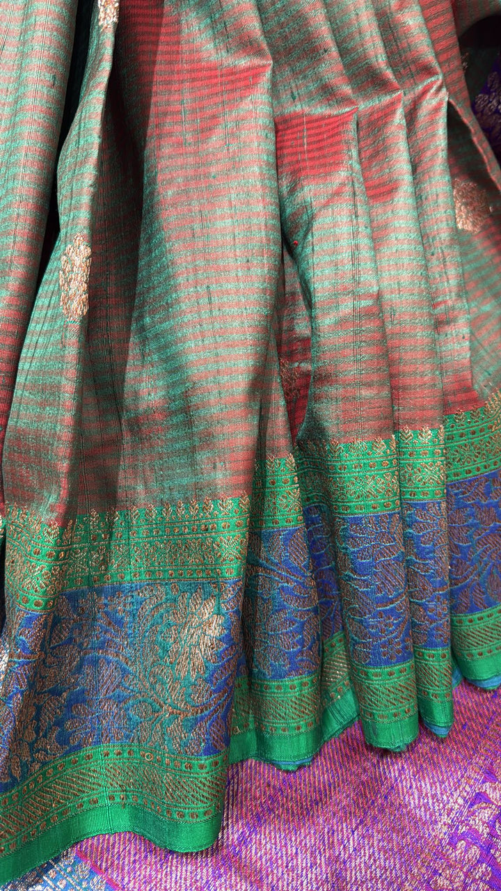 Green Dual Tone Banarasi Dupion Silk Saree with Zari Buttas and Contrast Zari Border | SILK MARK CERTIFIED