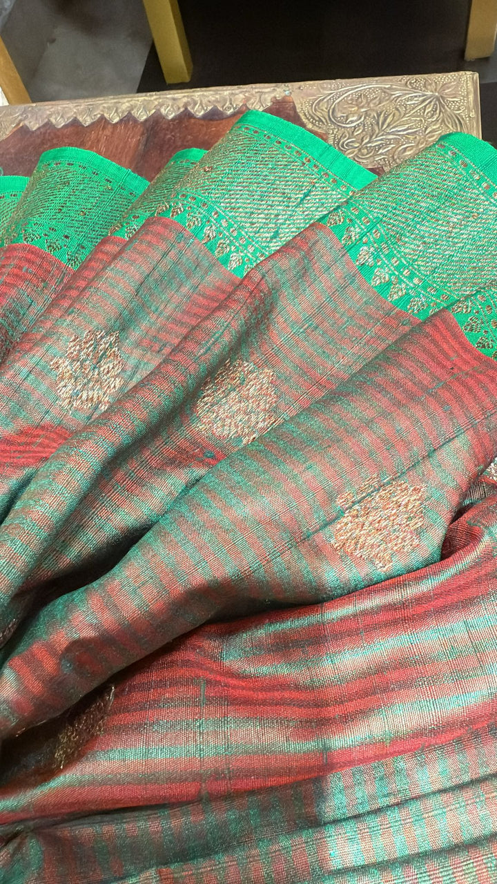 Green Dual Tone Banarasi Dupion Silk Saree with Zari Buttas and Contrast Zari Border | SILK MARK CERTIFIED
