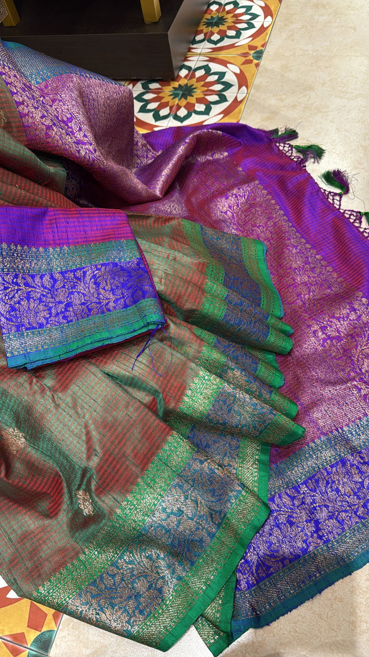 Green Dual Tone Banarasi Dupion Silk Saree with Zari Buttas and Contrast Zari Border | SILK MARK CERTIFIED