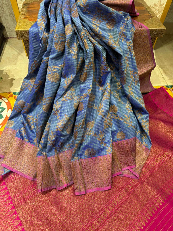 Pure Banarasi Dupion Silk Saree in Blue with Antique Floral Jaal and contrast border | SILK MARK CERTIFIED