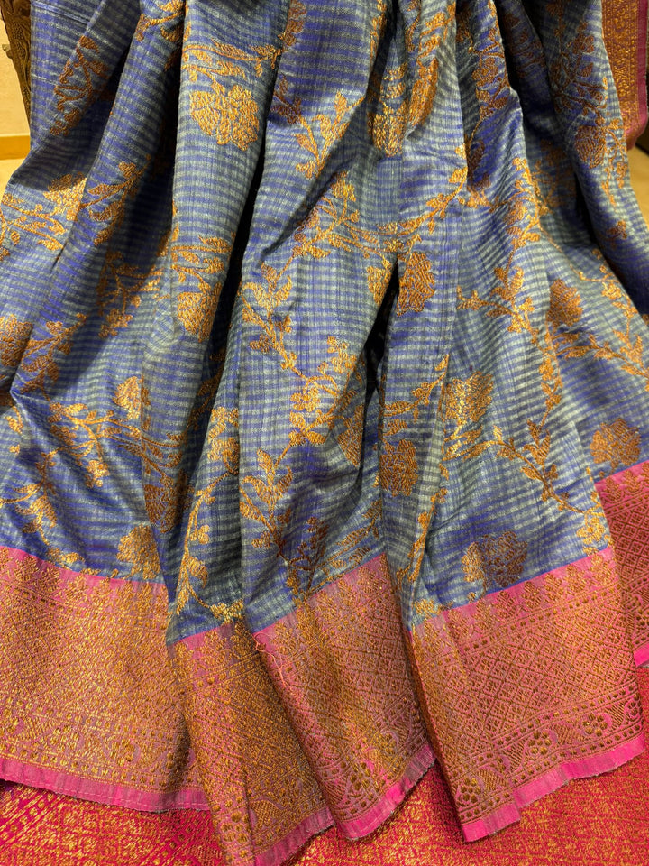 Pure Banarasi Dupion Silk Saree in Blue with Antique Floral Jaal and contrast border | SILK MARK CERTIFIED