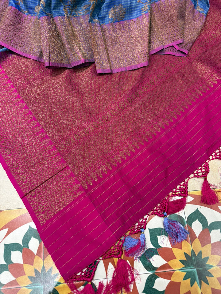 Pure Banarasi Dupion Silk Saree in Blue with Antique Floral Jaal and contrast border | SILK MARK CERTIFIED
