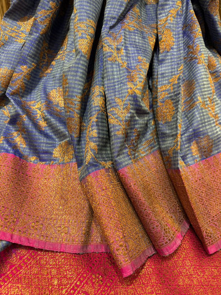 Pure Banarasi Dupion Silk Saree in Blue with Antique Floral Jaal and contrast border | SILK MARK CERTIFIED