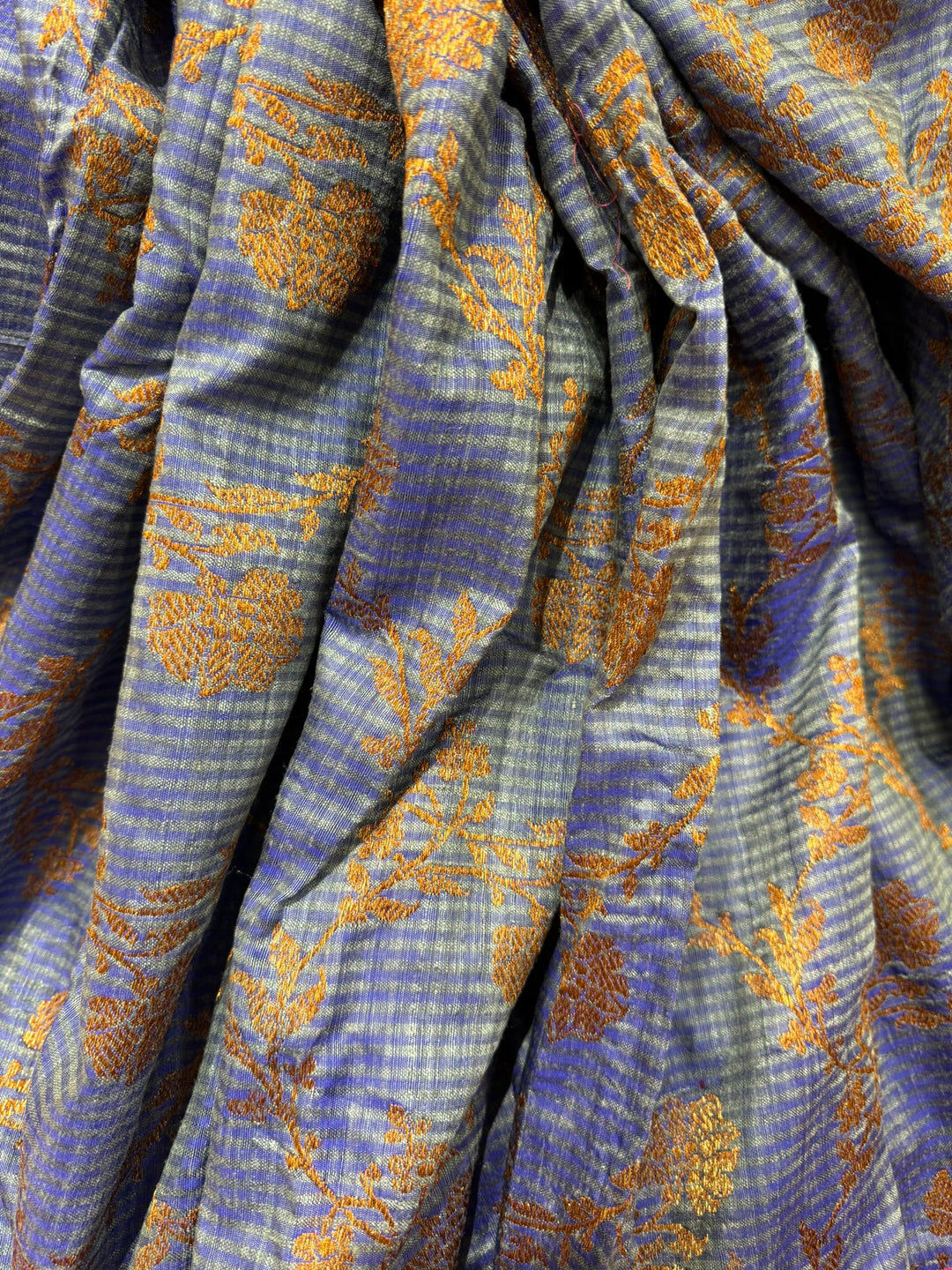 Pure Banarasi Dupion Silk Saree in Blue with Antique Floral Jaal and contrast border | SILK MARK CERTIFIED
