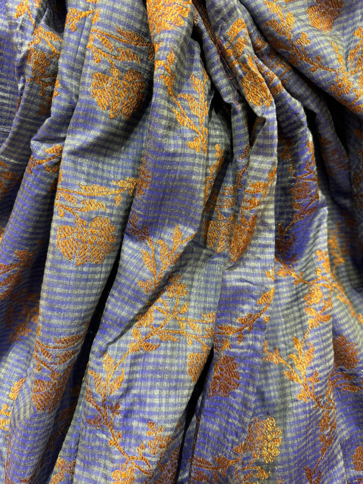 Pure Banarasi Dupion Silk Saree in Blue with Antique Floral Jaal and contrast border | SILK MARK CERTIFIED