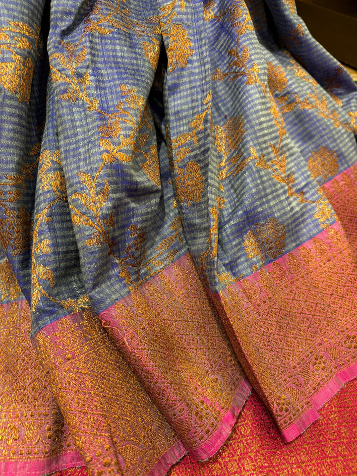 Pure Banarasi Dupion Silk Saree in Blue with Antique Floral Jaal and contrast border | SILK MARK CERTIFIED