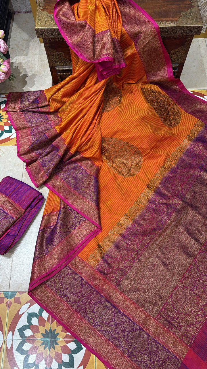 Pure Banarasi Dupion Silk Saree in Orange with Antique Damask Buttas and Zari Border | SILK MARK CERTIFIED